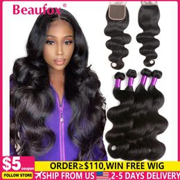 Synthetic Wigs Beau Body Wave Bundles With Closure Brazilian Hair Weave 3/4 Bundles With Closure Natural Human Hair Bundles With Closure 231010