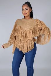 Women's Knits Tees Plus Size Sweater Tassel Pullover Round Neck Handmade Crochet Fringe Winter Loose Casual Streetwear 2023 231009