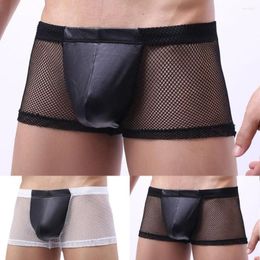 Underpants Men Underwear Shorts Lingeries Sexy Mesh Transparent PU Leather Penis Pouch Low Waist Boxer Clubwear Male Underwears