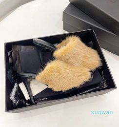 designer slippers spring and summer fashion high heels mink fur fabric novel sexy fashion all-match height 12 cm black brown size