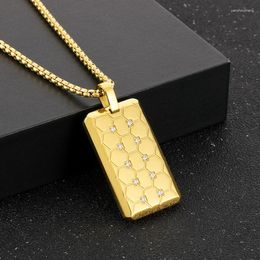 Pendant Necklaces 316L Stainless Steel Gold Colour Bee Grid Pattern Crystal Rectangle Necklace For Men Hip Hop Square Dog Tag Jewellery Gift
