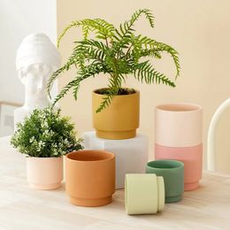 Vases 1pc Nordic Style Ceramic Flowerpot Succulent Green Plants Holder Straight Colorful Round Ceramic Pot With Hole Bottom 231009