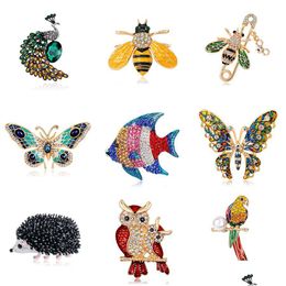Pins, Brooches 2021 Mti Color Enamel Ainmal Brooches For Women Peacock Bee Butterfly Hedgehog Owl Flamingo Parrot Crystal Brooch Pins Dhai5