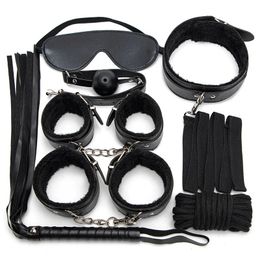 Bondage 7PCS Set PU Leather Sexy Handcuffs Whip Rope Products Pink And Black BDSM Sex Toys For Couples Exotic Accessories 231010