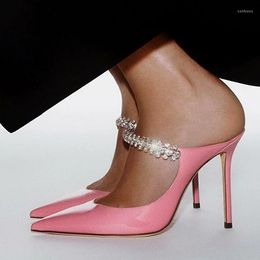 Slippers Pink Patent Leather Crystal Strap Pointed Toe Stiletto High Heel Slip On Runway Dress Women Slides Plus Size 47