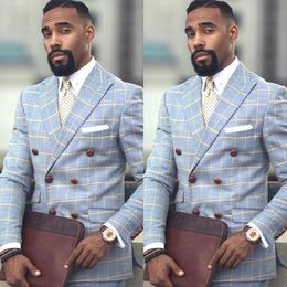 Plaid Suits For Men Slim Fit Double Breasted Groom Wedding Tuxedos Costume Homme 2 Pieces Pants Sets Party Wear