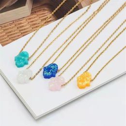 Pendant Necklaces Creative Fashion Opal Butterfly Chain Stainless Steel Choker Synthetic Palm Hand For Women Girl Necklace Gift282c