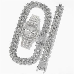 Chains Cuban Link Chain Iced Out Watch Mens Jewellery Set Necklace Watch Bracelet Hip Hop MiamiRhinestone African Choker254N