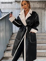 Womens Wool Blends Women Faux Leather Turndown Collar Belt PU Overcoat Warm Loose Long Sleeve Female Midi Jacket Cool Lady Elegant Pocket Coat 231010