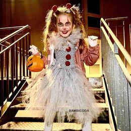 Theme Costume Grey Clown Girls Halloween Come Joker Tutu Dress Creepy Clown Kids Carnival Cosplay Clothing Children Tulle Fancy Dress Up Q231010