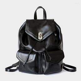 School Bags 2023 Genuine Leather Women's Backpack European And American Retro Large Capacity Crossbody Draw The Rope Soft Bucket Bag