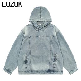 Mens Hoodies Sweatshirts HighEnd Vintage Men Denim Hooded Jacket Streetwear Casual Y2k Tops Loose Hip Hop Harajuku Pullovers 231010