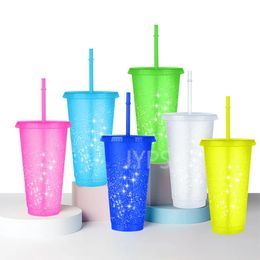 Tumblers 700ml Reusable Flash Powder Water Bottle With Straws Lid Plastic Personalized Drinkware Coffee Drinking Cup Outdoor Portable Mug 231010