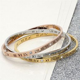 925 Sterling Silver Rose Gold Colour bangles Rome numerals simple inlaid Cubic Zircon men and women239q