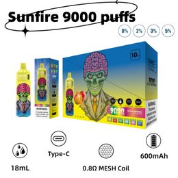 Original puff 9000 Sunfire Tornado 9000 Puff 9K Disposable Vapes Mesh Coil 18ml Pod Battery Rechargeable Led Light 0% 2% 5% E Cigarettes No extra Cost Vape desechable puff