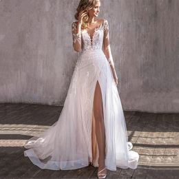 Mermaid V-Neck Wedding Dress Tulle Lace Appliques Pleat Bride Gown Long Sleeve Illusion Zipper Vestidos De Noiva 328 328