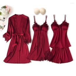 Home Clothing Women Nightwear Sleep Set Silky Sleepwear Satin Kimono Gown Pajamas Sexy Lace Intimate Lingerie Homewear Soft Nightgown