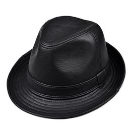 Wide Brim Hats Fashion Real Leather Gentleman Fedora Hat Men Autumn Winter Solid Black Vintage Dad Chapeau Cowhide Cap Panama Jazz2076