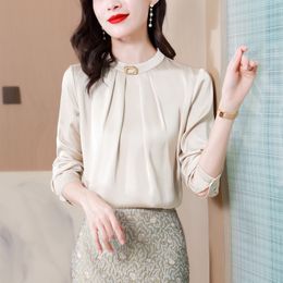 Vintage Beige Satin Blouse Women Designer Stand Collar Ruched Casual Work Blouses Plus Size 2023 Office Ladies Autumn Winter Long Sleeve Elegant Runway Silk Tops