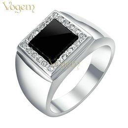 VOGEM Mens Signet Rings Silver Plating CZ Zirconia Seal Ring With Black Stone Square Punk Jewelry Boyfriend Christmas Gifts233R