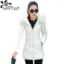 Women's Trench Coats UHYTGF Winter Plaid Cotton Jacket Long Women Hooded Coat Warm Parka Outerwear Female Down White A126