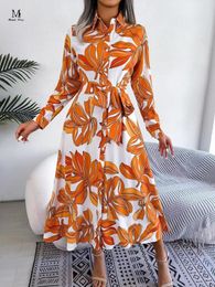 Casual Dresses Elegant Women Print Maxi Dress Long Sleeve Lace-up A-line Clothing Autumn Winter Office Lady Floral