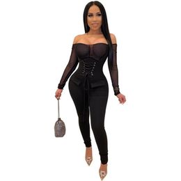 Sexy See-through Women Jumpsuits Corset Long Sleeve Off Shoulder Bodycon Playsuit Party Jumpsuit Romper Lace Up Trousers Womens325a