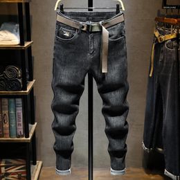 Men's Jeans Korean Style Fashion Men Retro Black Grey Elastic Slim Fit Vintage Embroidery Designer Casual Denim Pencil Pants