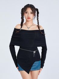 Women's T Shirts Women Knit Tops Long Sleeve Off-shoulder Irregular Solid Fall Slim Fit T-shirt