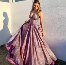 Party Dresses Sexy Long Deep V-Neck A-Line Glitter Evening With Pockets Pink Open Back Abendkleider Formal Gown For Women