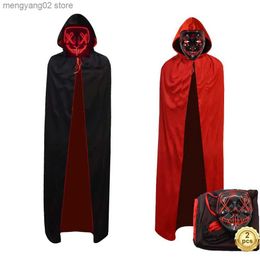 Theme Costume Cape Mask Combo Set Double Sided Black Red Cape Mask Adult Vampire Halloween Cosplay Mask Come Men and Women T231011