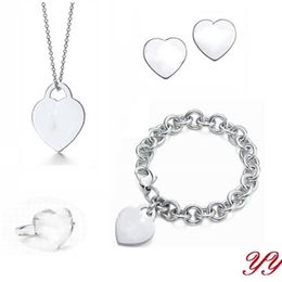 2019 silver thick chian with silver heart bracelet silver thin heart Pendant Necklaces earrings ring suit high quality Women 246H