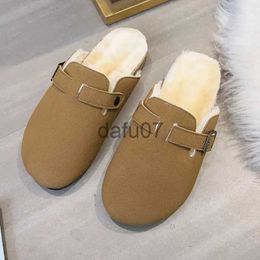 Slippers Winter Women Shoes Boston Plush Slippers Fur Clogs Women Home Furry Mules Shoes Female Indoor Warm Short Plush Cork Flat Slides x1011