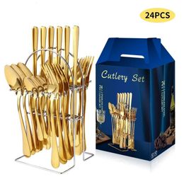 Dinnerware Sets 24pcsSet Stainless Steel Cutlery Set with Holder Gift Box Perfect Tableware for Any Occasion! 231011