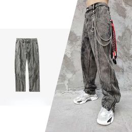 Men's Jeans Autumn/winter High Street Washed Snowflake Multi-zipper Trousers Retro Made Old Men Clothing Brown Patchwork