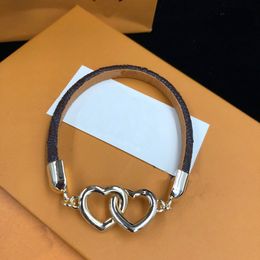 Designer Charm Bracelet Double Heart pendant Leather Rope Bracelets Men Women Hand Strap Letter Flower Pattern Bangle Couple Fashion Jewelry Gift with Box