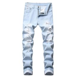 Men's Jeans Mens Light Color Slim Fit Hole High Street Blue Non-elastic Casual Fashion Urban Stretwear266v