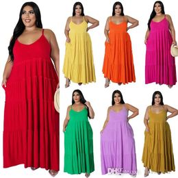 Summer Maxi Dresses Designer Large Women Clothing Solid Color Sexy Suspender Tiered Long Doll Dress L-5XL306B