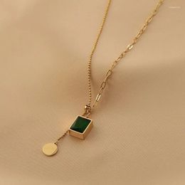 Pendant Necklaces Stainless Steel Green Square Stone Necklace Shiny Luxury CZ Tassel Disc For Women Drop