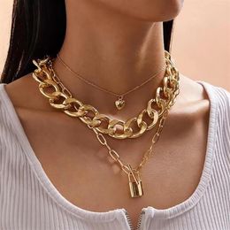 Pendant Necklaces SHIXIN 3Pcs Hiphop Heart Lock Necklace For Women Punk Layered Thick Cuban Link Chain Choker On The Neck Jewelry290G