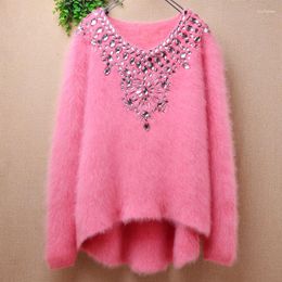 Women's Sweaters Ladies Women Fall Winter Clothing Sweet Pink Beading Hairy Mink Cashmere Knitted V-Neck Slim Blouses Pullover Angora
