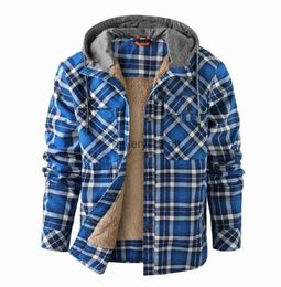 Men's Down Parkas Cotton Flannel Shirt Jacket With Hood Mens Long Sleeve Quilted Lined Plaid Coat Button Down Thick Hoodie Outwear Male Clothing J231010