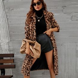 Women's Fur Leopard Faux Coat Women Long Coats Turn Down Collar Sleeve Autumn Winter High Waist Loose Maxi Elegant 2023 Jacket