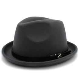 Stingy Brim Hats Fashion Men's Felt Fedora Hat For Gentleman Winter Autumn Roll Up Homburg Dad Jazz With Belt277E