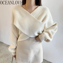 Women's Sweaters OCEANLOVE Cross Thick Autumn Winter Clothes Women Solid Korean Fashion Short Pullovers Chic Vintage Loose