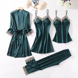 Home Clothing Intimate Lingerie 4PCS Pajamas Suit Satin Women Sleepwear Sexy Kimono Gown Nightwear Casual Spring Summer