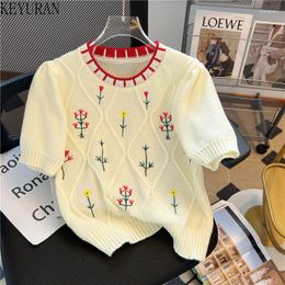 Women's Sweaters Pink Floral Embroidery Short Sleeve Sweater Women Knitted Pullovers White/Gray 2023 Summer Vintage Knitwear Tops Female