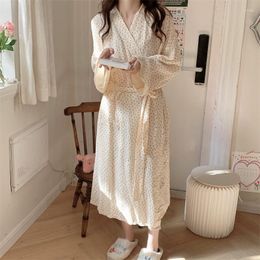 Women's Sleepwear Women Cotton Gauze Night Robe Long Sleeve Cardigan Nightgown Polka Dot Casual Breathable Home Clothes Spring Autumn S273