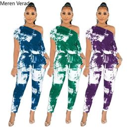 Women's Two Piece Pants Active Tie Dye Print Women's Tracksuit Fashion Skew Neck Tops and Jogger Pants Matching Two 2 Piece Set Jogger Sweatsuit 231011