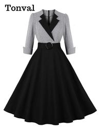 Urban Sexy Dresses Tonval Plaid and Black Elegant Ladies Rockabilly Cotton Notched Collar 3 4 Sleeve Autumn Winter Women Vintage Dress 231011